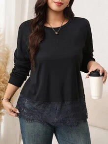 Easowa Curve Plus Size Fashion Versatile Lace Patchwork Long Sleeve Knit T-Shirt - Black - View 6