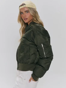 MUSERA Oversized Faux Fur Collar Thick Padded Zip Through Ribbed Waist Bomber Style Jacket Fall Autumn Winter Daily Everyday Outerwear - Army Green - View 3