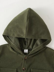 SHEIN 男童時尚休閒連帽外套，附口袋翻蓋裝飾，燈芯絨材質，適合日常休閒、外出、上學及其他場合，春秋款 - 軍綠色 - 查看 5
