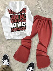 SHEIN 兒童/青少年男孩 2件組休閒時尚簡約 Y2K 酷感塗鴉手繪嘻哈人像星星圖案英文字母運動風連帽衛衣與喇叭褲套裝，適合秋冬、學校、家庭聚會、返校、假期 - 彩色 - 查看 2