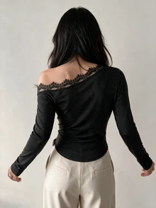 NOVVYNE Women Black One Shoulder Lace Trim Long Sleeve Ribbed Fitted Crop Top Dark Coquette Fall Halloween Night Out Party Blouse - Black - View 2