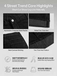 SHEIN MOD 女款不對稱腰頭口袋休閒牛仔裙 - 黑色 - 查看 6