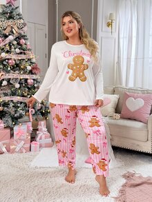 Slumberry CURVE Plus Size Women's Christmas Gingerbread Man Bow Candy Stripe Knit Long Sleeve Pants Pajama Set - Multicolor - View 2