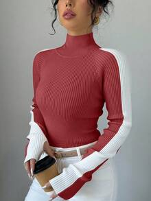 Selianne 女款對比色立領長袖極簡風內搭毛衣 - 紅白色 - 查看 1