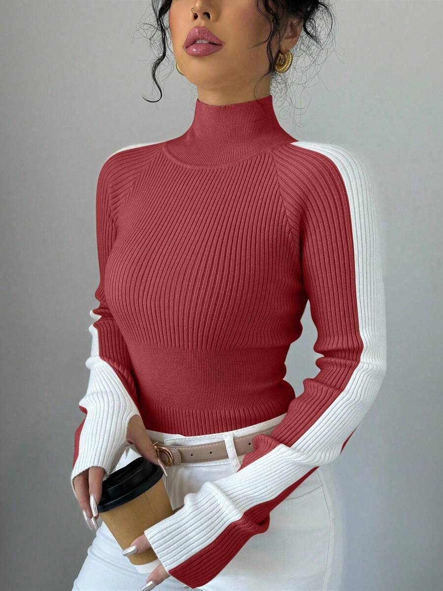 Selianne 女款對比色立領長袖極簡風內搭毛衣 - 紅白色 - 查看 1