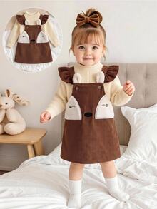 SHEIN Baby Girl Woven Colorblock Cute Deer Embroidery Pattern Corduroy Overall Dress - Multicolor - View 7