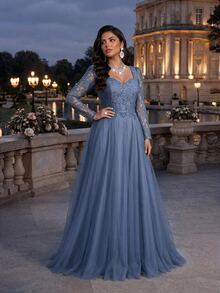 Auveirra Plus Size Women's Contrast Lace Sweetheart Neck Long Sleeve Mesh Hem Elegant Dress - Blue - View 3