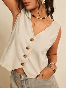 Freevana Plus Size Women Solid Color V-Neck Casual Everyday Vest Fall - Beige - View 1