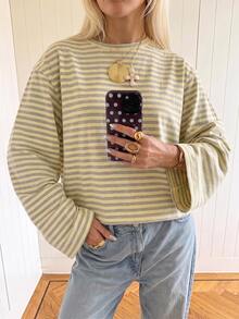 SHEIN EZwear 女款條紋圓領落肩長袖休閒寬鬆T恤 - 彩色 - 查看 4