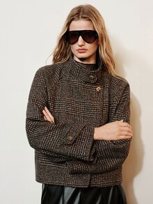 Aveloria Modichic Women's Jacket Oversized Broad Shoulder Tweed Lapel Gold Button Retro British Old Money Brown Black Plaid Fall Clothes For Women Christmas - Multicolor - View 1
