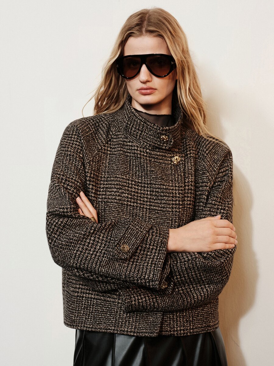 Aveloria Modichic Women's Jacket Oversized Broad Shoulder Tweed Lapel Gold Button Retro British Old Money Brown Black Plaid Fall Clothes For Women Christmas - Multicolor - View 1