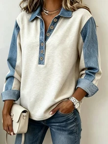SHEIN LUNE Women's Fashion Patchwork Collar, Button-Up Lapel Solid Color Long Sleeve Top Fall - White - View 5