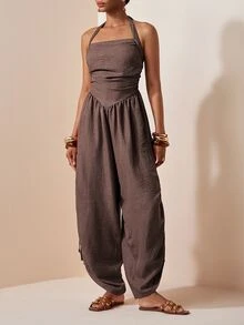 Zivah Women's Halter Neck Backless Tie Back Wide Leg Drawstring Jumpsuit - Coffee Brown - View 13