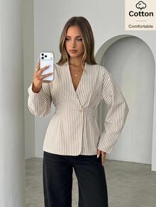Siren Gaze Women's Casual Button Waist Cinched Striped Blazer Jacket - Multicolor - View 3