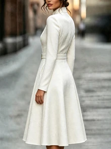 SHEIN Women's Elegant Commute White Bamboo Texture Belted Midi Dress, V-Neck - White - View 2