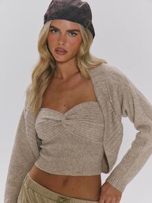 MUSERA Biege Knit Bandeau Top Long Sleeve Bolero Sold As Set Autumn Winter Fall Daily Everyday Essential Core Knitwear - Brown - View 5