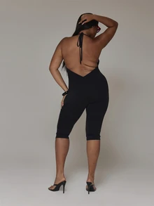 MUSERA Plus Size Black Highneck Bodycon Capri Unitard Jumpsuit Spring Summer Casual Everyday Day Outfit Going Out - Black - View 5