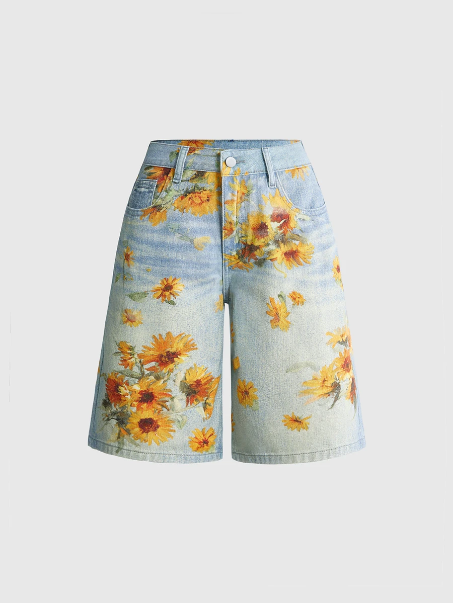 ROMWE Street Life Fairycore Floral Print Vintage Flower Versatile Street Style Women's Denim Capri Pants - Blue - View 1