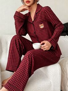 Dream Adore Plaid Print Bear Head Embroidered Patch Pocket Front Button Long Sleeve Long Pants Women's Pajama Set - Red - View 1