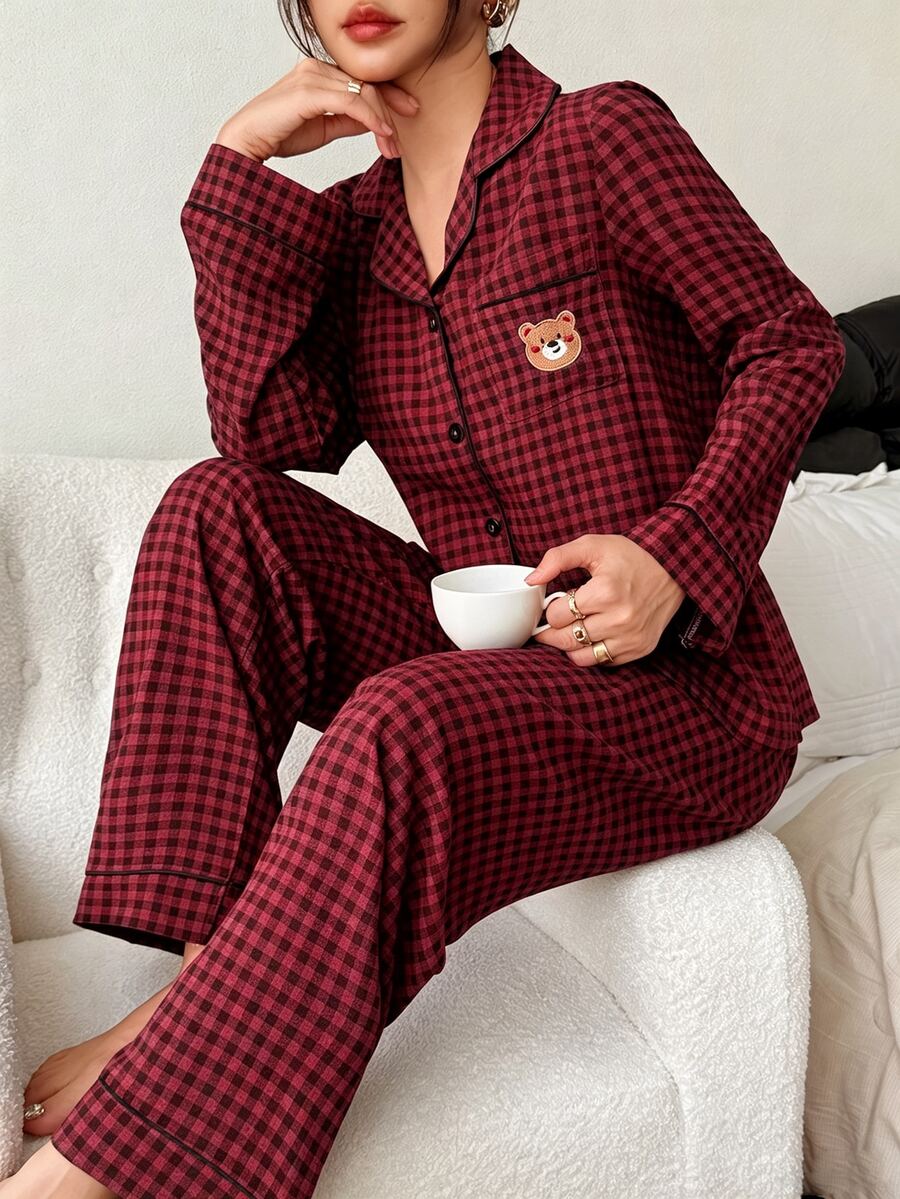 Dream Adore Plaid Print Bear Head Embroidered Patch Pocket Front Button Long Sleeve Long Pants Women's Pajama Set - Red - View 1