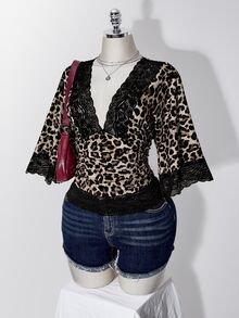 SHEIN ICON Women's Plus Size Leopard Print Contrast Lace V-Neck Fitted Top - Brown - View 4