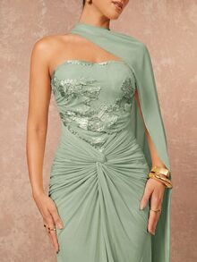 Lumalex VITNOS Autumn And Winter New High-End Elegant Cream Yellow Simple Chic Backless (Removable Sequins) Chest Ruffled Hem Mesh Transparent Fishtail Dress, Suitable For Date, Vacation, Party, Wedding, Bridesmaid Events, Evening Dress - Green - View 7