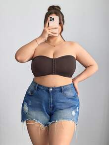 SHEIN CURVE+ 前開拉鍊大尺碼收胸加墊內衣背心，Curve Plus，Hoho Vacation - 棕色 - 查看 4