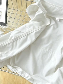 SHEIN Kids Tween Girl Casual Street Style Hooded Zip-Up Autumn Winter Jacket With Pockets, Drawstring Hem, Long Sleeve, Woven Solid Color - White - View 9