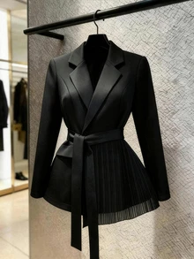 GlowEve CURVE Cardel 法式街頭風優雅繫帶領修身雪紡拼接設計多功能通勤女款外套，顯瘦時尚百褶拼接設計女式外套 - 黑色 - 查看 3