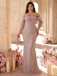 Glamrae Plus Size Elegant Luxurious Beaded Sequin Embroidered Lace Bubble Patchwork Elastic Knit Ruched Mermaid Skirt With Puff Sleeves, Suitable For Wedding Events, Bachelorette Party, Vacation, Ball, Evening Gown (Heavy Workmanship Style) - Dusty Pink - View 9