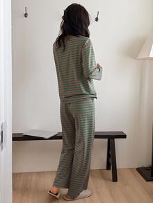 DAZY Striped Print Drop Shoulder Tee & Pants PJ Set - Coffee Brown - View 2