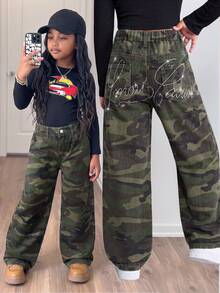 SHEIN Girls Y2K Camo Denim Jeans With Shiny Rhinestone Letter Pattern, Wide Leg Loose Fit, Back To School Streetwear - Army Green - View 1