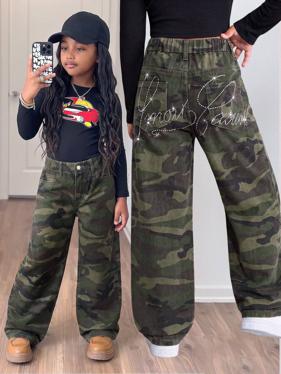 SHEIN Girls Y2K Camo Denim Jeans With Shiny Rhinestone Letter Pattern, Wide Leg Loose Fit, Back To School Streetwear - Army Green - View 1