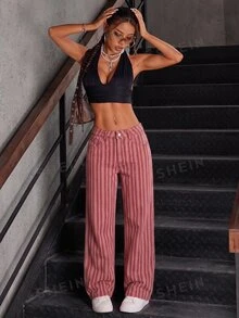 SHEIN Tall 時尚豹紋低腰水洗寬腿女款牛仔褲 - 彩色 - 查看 4