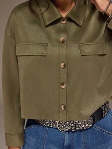 Freevana 女款軍綠色仿麂皮鈕扣開襟長袖翻領口袋休閒秋季短版夾克 - 軍綠色 - 查看 8