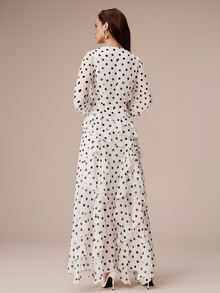 BELROSIE European And American Style Autumn/Winter New Fashion Versatile Chiffon Polka Dot Watermark Multi-Layer Ruffle Hem 3D Floral Decor Women's Dress - Multicolor - View 2