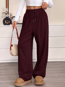 CovetEZ Plus Size Women Solid Color Drawstring Waist Casual Versatile Daily Wear Sweatpants - Burgundy - View 5