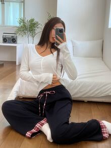 DAZY Women's Drawstring Waist Casual Daily Home Pajama Bottoms - Navy Blue - View 3