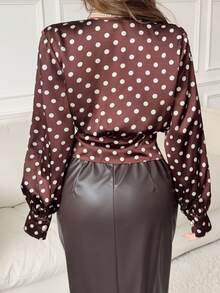 Feyla Women's French Polka Dot Print Faux Pearl Button Long Sleeve Blouse - Brown - View 2