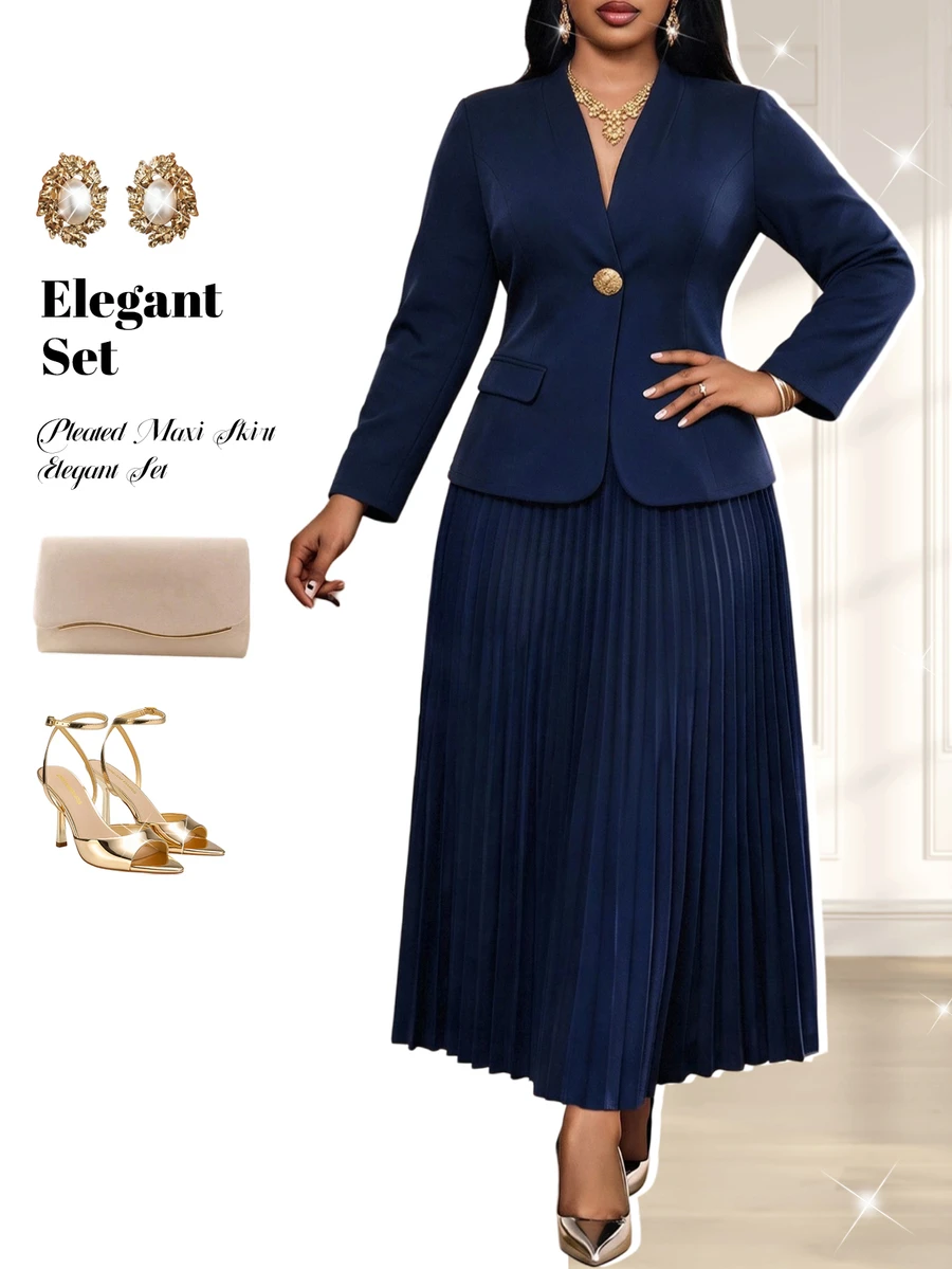 Fleurora Plus Size Women's Metal Single Button Jacket And Pleated Skirt Elegant Suit Set - Blue - View 1