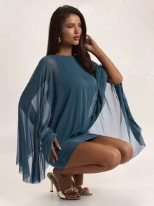 SHEIN BAE Fall Winter Teal Blue Boat Neck Sheer Flare Sleeve Ruched Bodycon Mini Dress Short Dresses Thanksgiving Day Of The Dead Party - Green - View 6
