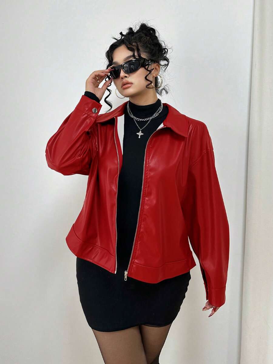 POPSWAY Plus Size Solid Color PU Long Sleeve Zip-Up Lapel Jacket - Red - View 1