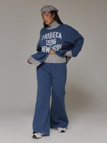 MUSERA Size Blue Knitted Fold Over Trouser Winter Fall Women Outfit Casual - Multicolor - View 1