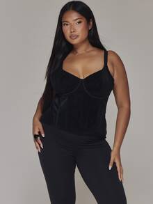 MUSERA Black Fitted Lace Back Detail Corset Top Casual Cool Basic Fall Winter Autumn - Black - View 2