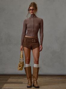 MUSERA Brown Corduroy Pleated Micro Skirt Fall Winter Everyday Causal Going Out Cool Girl Festival Forces - Brown - View 2