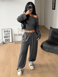 Coolane Women's Fall Winter Minimalist Streetwear Basic Daily Wear Going Out Sport Cold Shoulder T-Shirt And Wide Leg Sweatpants Cotton Grey 2 Pack - Dark Grey - View 5