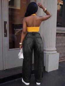 Slaydiva Celana Jeans Denim Wanita Longgar Fashion dengan Kancing, Motif Huruf Warna Kontras dan Efek Washed - Hitam - View 2