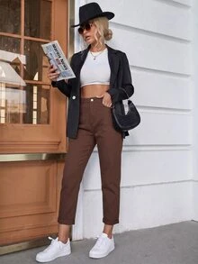 Slaydiva Plus Size Women Solid Color Fashion Casual Versatile Jeans - Coffee Brown - View 10