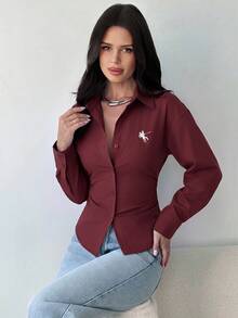Firerie 女款酒紅色長袖襯衫，後腰綁帶收腰設計，春夏秋冬四季穿著，優雅休閒風，適合辦公室日常 - 酒紅色 - 查看 5