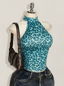 SHEIN ICON Women's Leopard Print Slim Fit Versatile Daily Wear Halter Neck Top - Blue - View 6